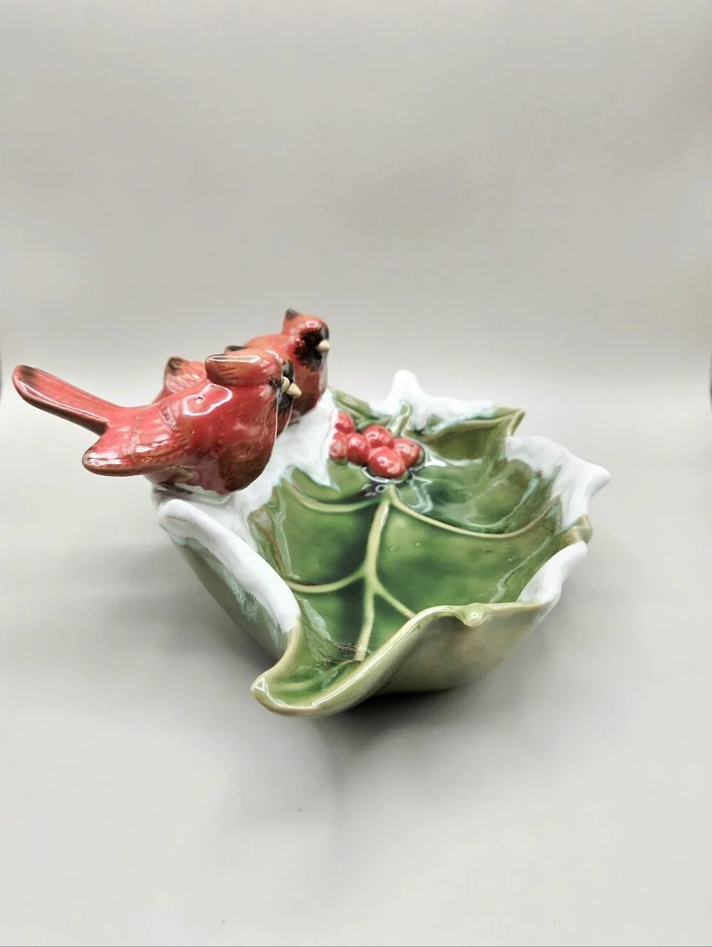 Ceramic Green Leaf Dish with 3 Red Cardinals & Red Berries